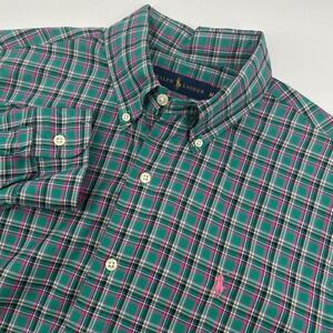 Ralph Lauren Men's Medium Green Pink Plaid Button Down Shirt Long Sleeve Cotton